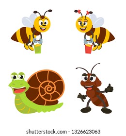 Cute insects ant,  snail, bees cartoon character set.  Vector illustration with isolated characters for decor and design.