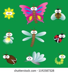 Cute insects with big googly eyes Icon set cartoon vector illustration