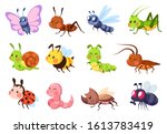 Cute insects. Bugs creatures bee and ladybug, worm, snail and butterfly, caterpillar. Mantis, dragonfly and fly funny cartoon vector wildlife set