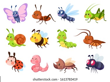Cute insects. Bugs creatures bee and ladybug, worm, snail and butterfly, caterpillar. Mantis, dragonfly and fly funny cartoon vector wildlife set