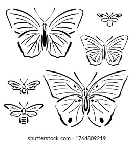 Cute insects - butterflies, bumblebee, firefly, and beetles. Black graphic lines, cartoon sketch, abstract. Design elements for logo, cards, stickers, fabric and textile. White isolated background.