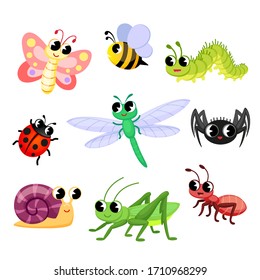 Cute insects cartoon. Butterfly, ant, ladybug, bee, spider, snail, caterpillar, dragonfly, grasshopper. Vector illustration isolated on white background