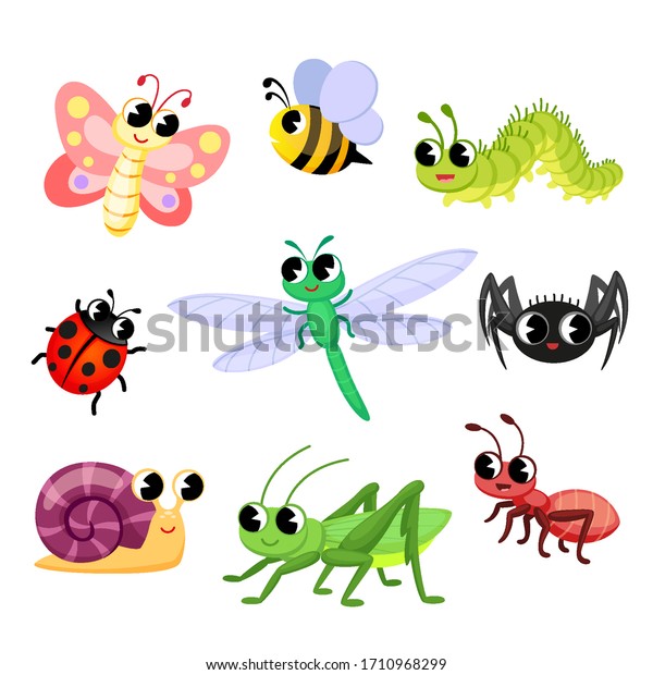 かわいい虫の漫画 蝶 蟻 ラディブ 蜂 クモ カタツムリ トンボ バッタ 白い背景にベクターイラスト のベクター画像素材 ロイヤリティフリー