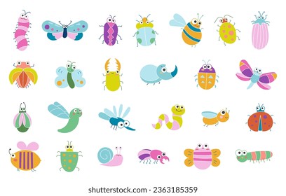 Cute insects cartoon characters. Funny small animals. Vector drawing. Collection of design elements.