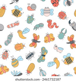 Cute insects cartoon characters. Seamless pattern. Funny small animals. Vector drawing. Design ornaments.