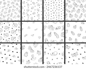 Cute insects cartoon characters. Seamless pattern. Coloring Page. Funny small animals. Vector drawing. Collection of design ornaments.