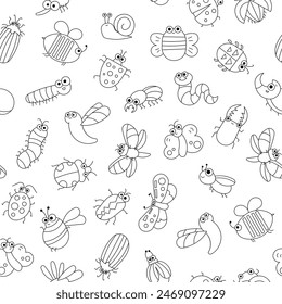 Cute insects cartoon characters. Seamless pattern. Coloring Page. Funny small animals. Vector drawing. Design ornaments.