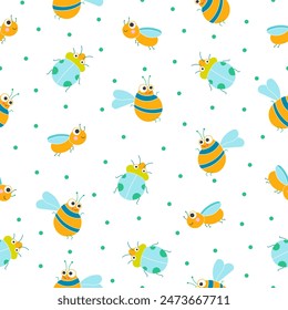Cute insects cartoon characters. Seamless pattern. Funny small animals. Vector drawing. Design ornaments.