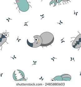 Cute insects cartoon characters. Seamless pattern. Funny small animals. Vector drawing. Design ornaments.