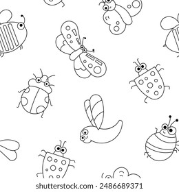 Cute insects cartoon characters. Seamless pattern. Coloring Page. Funny small animals. Vector drawing. Design ornaments.