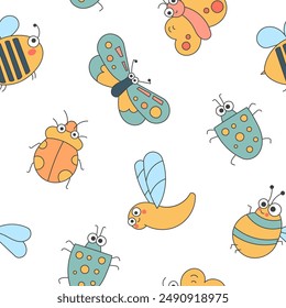 Cute insects cartoon characters. Seamless pattern. Funny small animals. Vector drawing. Design ornaments.