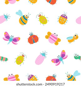 Cute insects cartoon characters. Seamless pattern. Funny small animals. Vector drawing. Design ornaments.