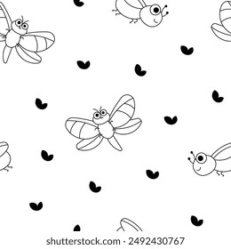 Cute insects cartoon characters. Seamless pattern. Coloring Page. Funny small animals. Vector drawing. Design ornaments.