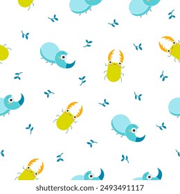 Cute insects cartoon characters. Seamless pattern. Funny small animals. Vector drawing. Design ornaments.