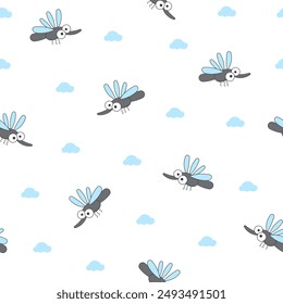 Cute insects cartoon characters. Seamless pattern. Funny small animals. Vector drawing. Design ornaments.