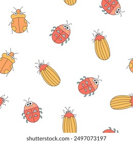 Cute insects cartoon characters. Seamless pattern. Funny small animals. Vector drawing. Design ornaments.