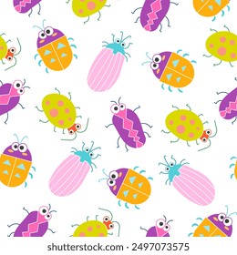 Cute insects cartoon characters. Seamless pattern. Funny small animals. Vector drawing. Design ornaments.