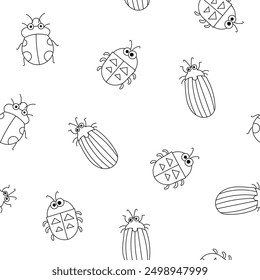 Cute insects cartoon characters. Seamless pattern. Coloring Page. Funny small animals. Vector drawing. Design ornaments.