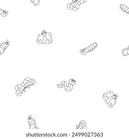 Cute insects cartoon characters. Seamless pattern. Coloring Page. Funny small animals. Vector drawing. Design ornaments.