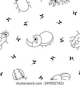 Cute insects cartoon characters. Seamless pattern. Coloring Page. Funny small animals. Vector drawing. Design ornaments.