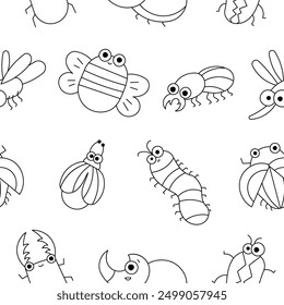 Cute insects cartoon characters. Seamless pattern. Coloring Page. Funny small animals. Vector drawing. Design ornaments.