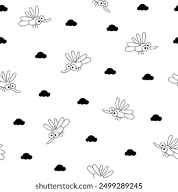 Cute insects cartoon characters. Seamless pattern. Coloring Page. Funny small animals. Vector drawing. Design ornaments.