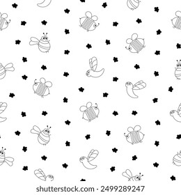 Cute insects cartoon characters. Seamless pattern. Coloring Page. Funny small animals. Vector drawing. Design ornaments.