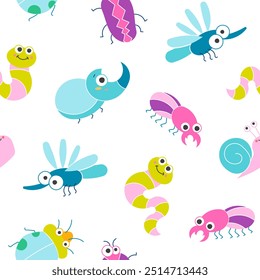 Cute insects cartoon characters. Seamless pattern. Funny small animals. Vector drawing. Design ornaments.