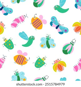 Cute insects cartoon characters. Seamless pattern. Funny small animals. Vector drawing. Design ornaments.