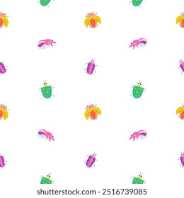 Cute insects cartoon characters. Seamless pattern. Funny small animals. Vector drawing. Design ornaments.