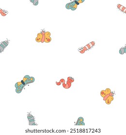 Cute insects cartoon characters. Seamless pattern. Funny small animals. Vector drawing. Design ornaments.