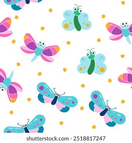 Cute insects cartoon characters. Seamless pattern. Funny small animals. Vector drawing. Design ornaments.