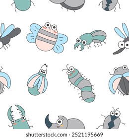 Cute insects cartoon characters. Seamless pattern. Funny small animals. Vector drawing. Design ornaments.