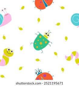 Cute insects cartoon characters. Seamless pattern. Funny small animals. Vector drawing. Design ornaments.