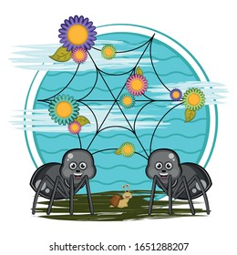Cute insects in a cartoon landscape - Vector