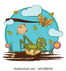 Cute insects in a cartoon landscape - Vector