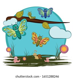 Cute insects in a cartoon landscape - Vector