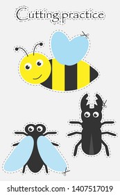Cute insects in cartoon style, cutting practice, education game for the development of preschool children, use scissors, cut the images, vector illustration