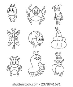 Cute insects characters. Coloring Page. Kawaii beetle, butterfly, ladybug, caterpillar, spider. Vector drawing. Collection of design elements.