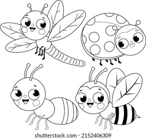 Colección de insectos. Página de coloreado vectorial en blanco y negro.