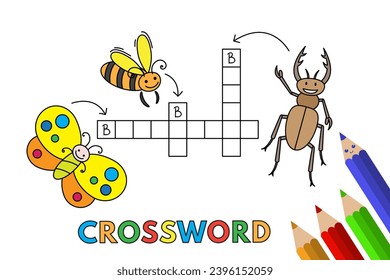 Cute insects crossword with bee, butterfly and beetle. Vector illustration for children education