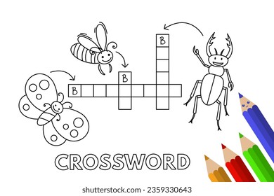 Cute insects crossword. Vector coloring book pages for children education