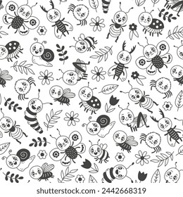 Cute Insects Doodle Seamless Pattern. Cartoon Line Bugs flowers and leaves. Black and white background with nature elements and baby animals. Repeat vector illustration.