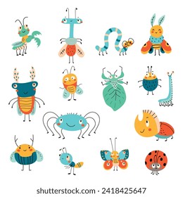 Cute insects doodle style. Isolated beetle and worm, snail and caterpillar. Abstract butterfly and spider. Funny children nowaday vector characters