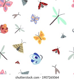 Cute insects doodles, butterfly, dragonfly, ladybug, moth. Hand drawn vector seamless pattern. Colored cartoon ornament. Abstract design for print, fabric, textile, background, wrap, wallpaper, decor.