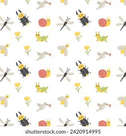 Cute insects dragonfly and beetle bug, snail background. Vector illustration can used for kids background, poster, print design, wallpapers. 