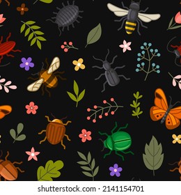 Cute Insects and Flowers Seamless Pattern on Black Background. Vector