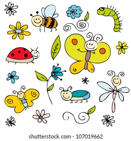 Cute insects and flowers set