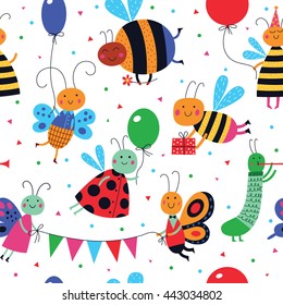 Cute insects have a party. Cartoon seamless pattern on a white background for childish design. Seamless pattern can be used for backgrounds, surface textures, wallpapers, pattern fills.