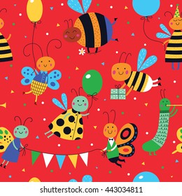 Cute insects have a party. Cartoon seamless pattern on a red background for childish design. Seamless pattern can be used for backgrounds, surface textures, wallpapers, pattern fills.

